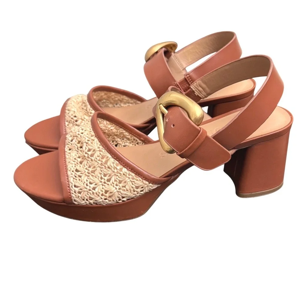 Aerosoles Chamber Raffia Platform Block Heel Sandals Natural Cognac Women's 10.5